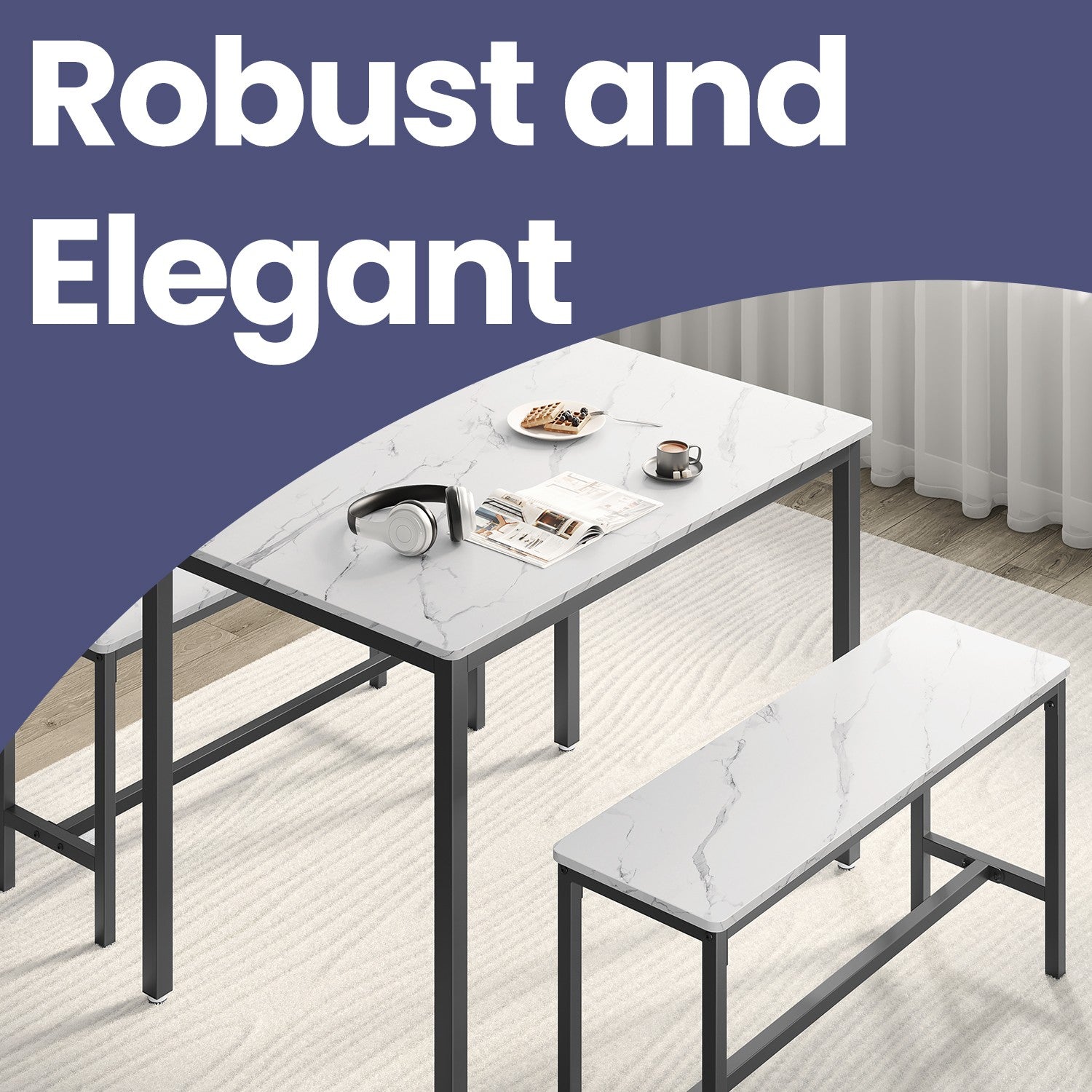 Dining Table - Particleboard and Steel - Marble White - with 2 Benches