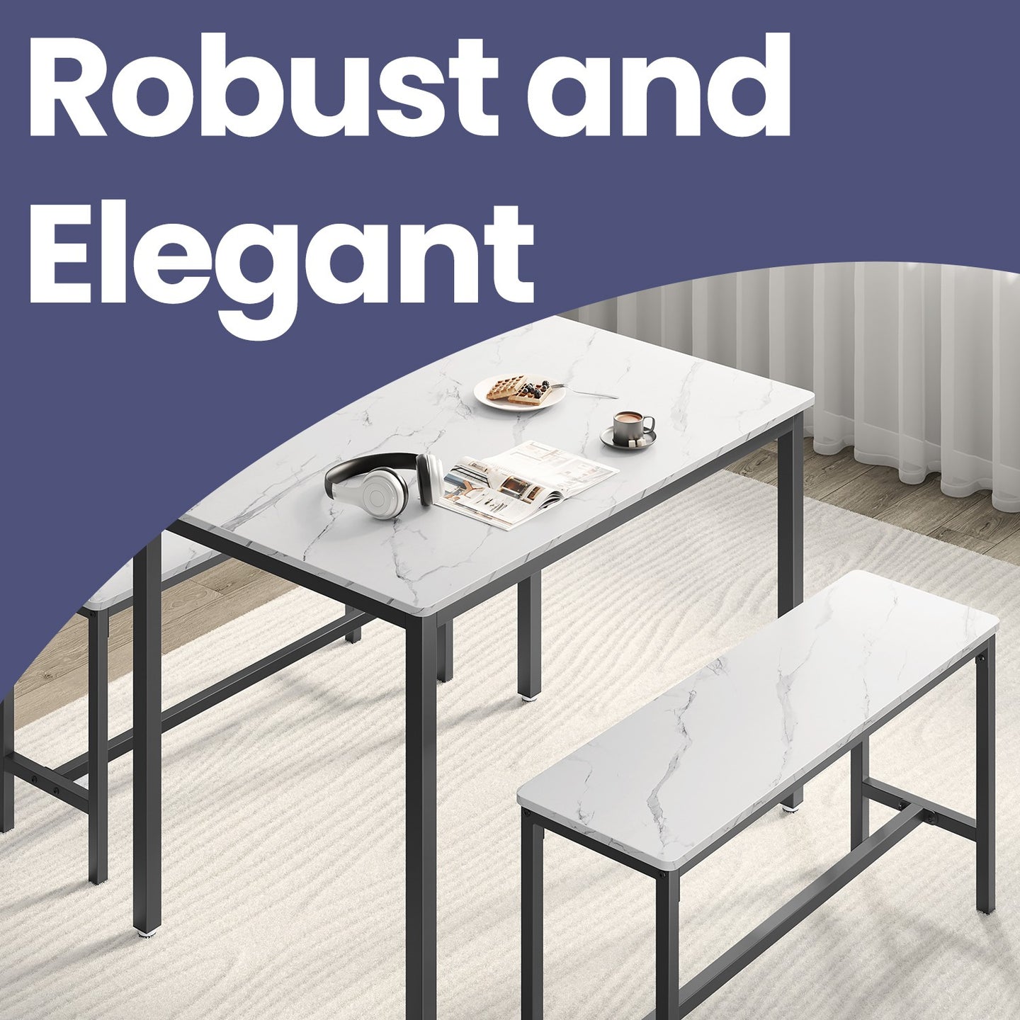 Dining Table - Particleboard and Steel - Marble White - with 2 Benches
