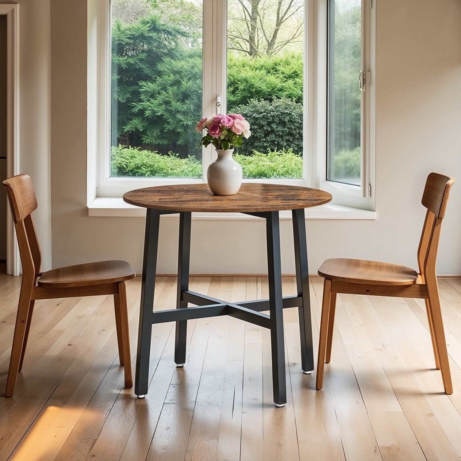 Round Dining Table - Wood - Rustic Brown and Black