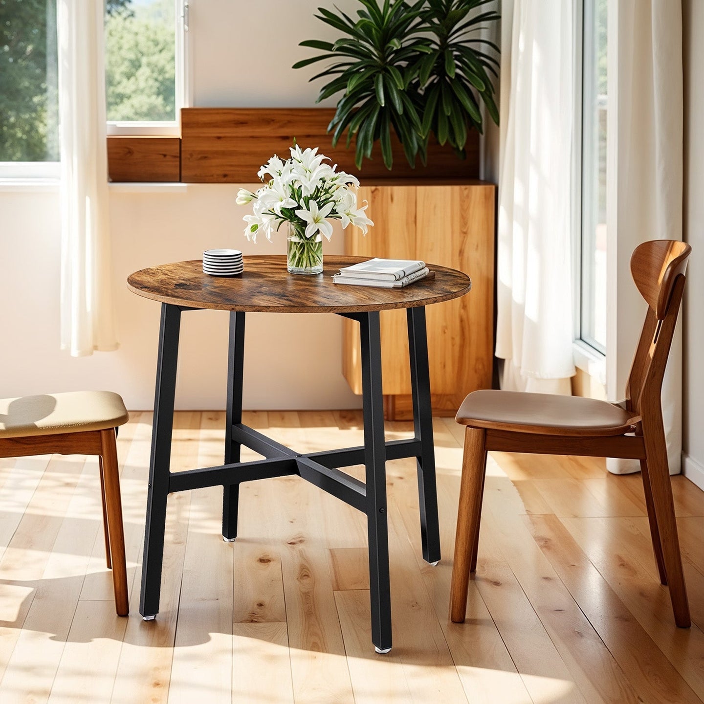 Round Dining Table - Wood - Rustic Brown and Black