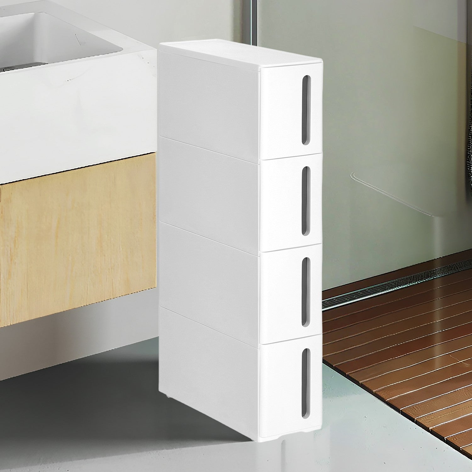 Narrow Rolling Trolley - PP - White - 4 Drawer Storage Unit with Removable Wheels