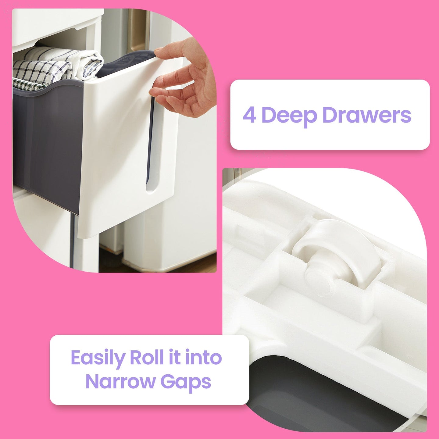 Narrow Rolling Trolley - PP - White - 4 Drawer Storage Unit with Removable Wheels