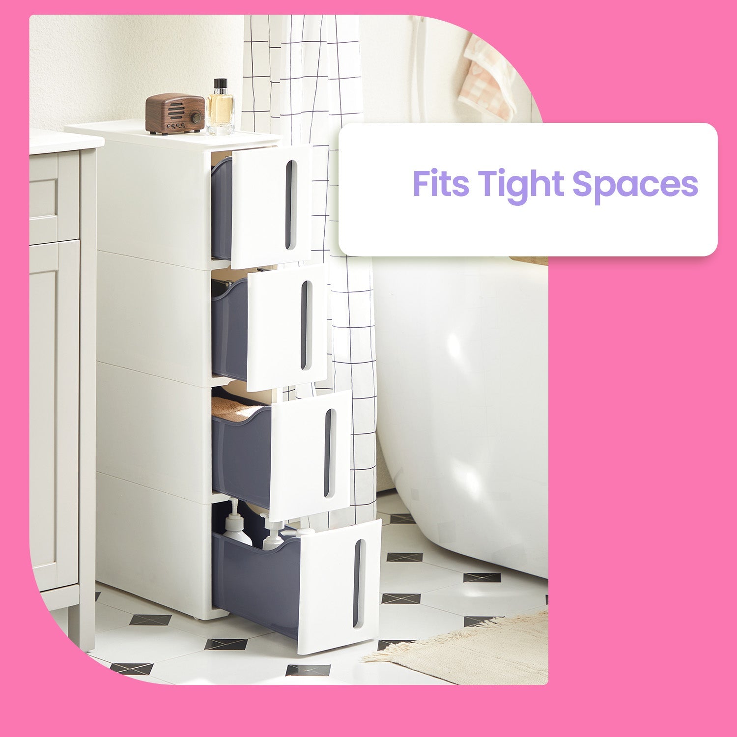Narrow Rolling Trolley - PP - White - 4 Drawer Storage Unit with Removable Wheels