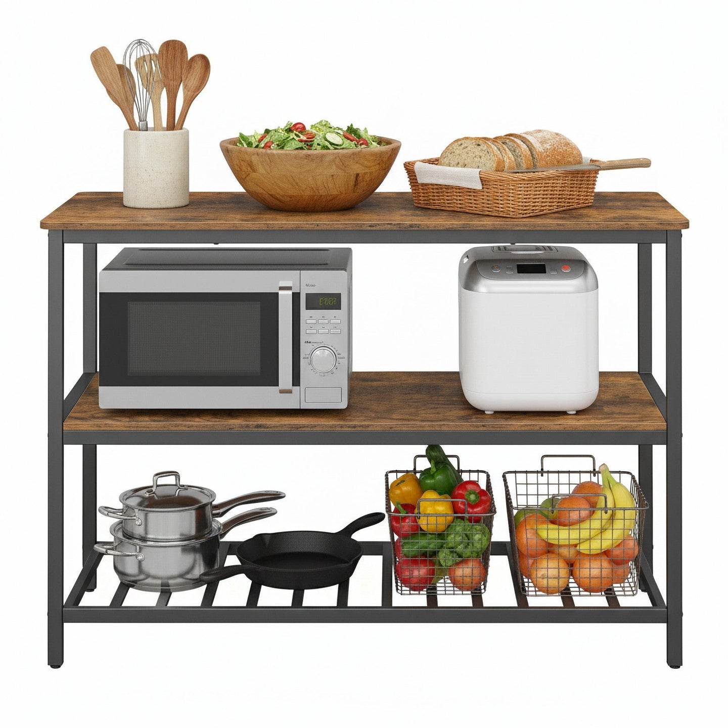 Kitchen Island - Steel - Rustic Brown and Black - Large Worktop and Stable Structure
