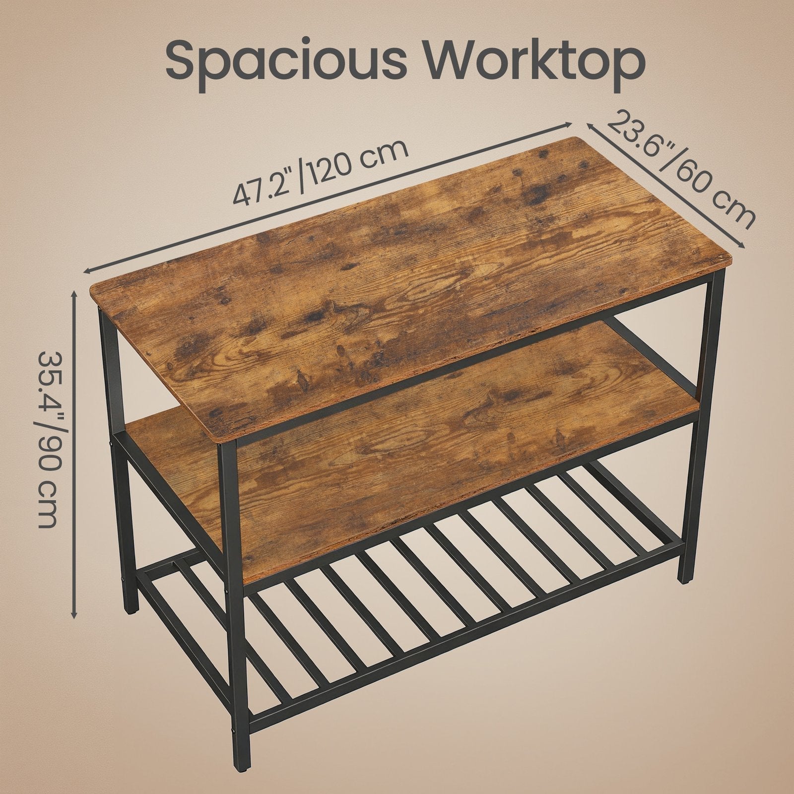 Kitchen Island - Steel - Rustic Brown and Black - Large Worktop and Stable Structure