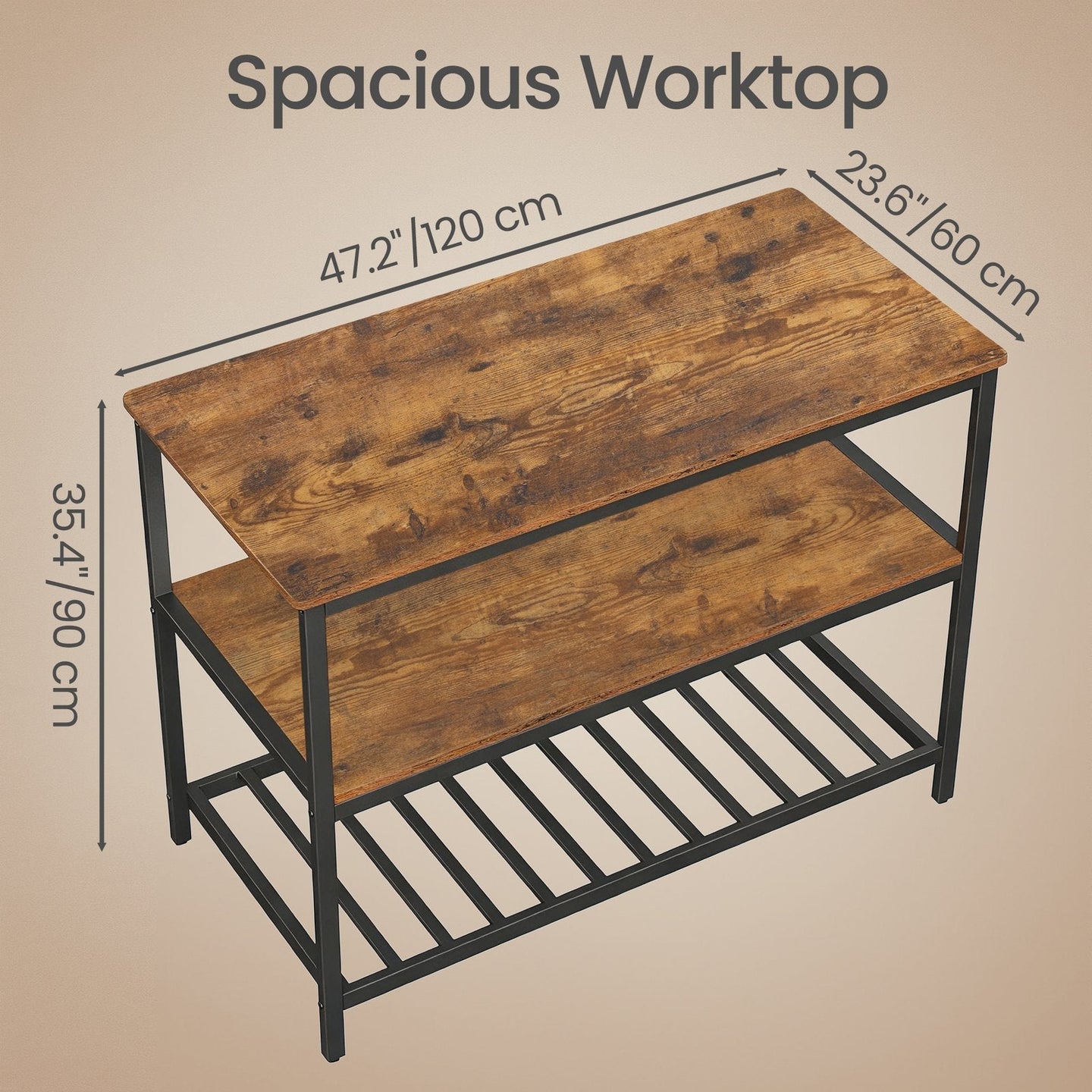 Kitchen Island - Steel - Rustic Brown and Black - Large Worktop and Stable Structure