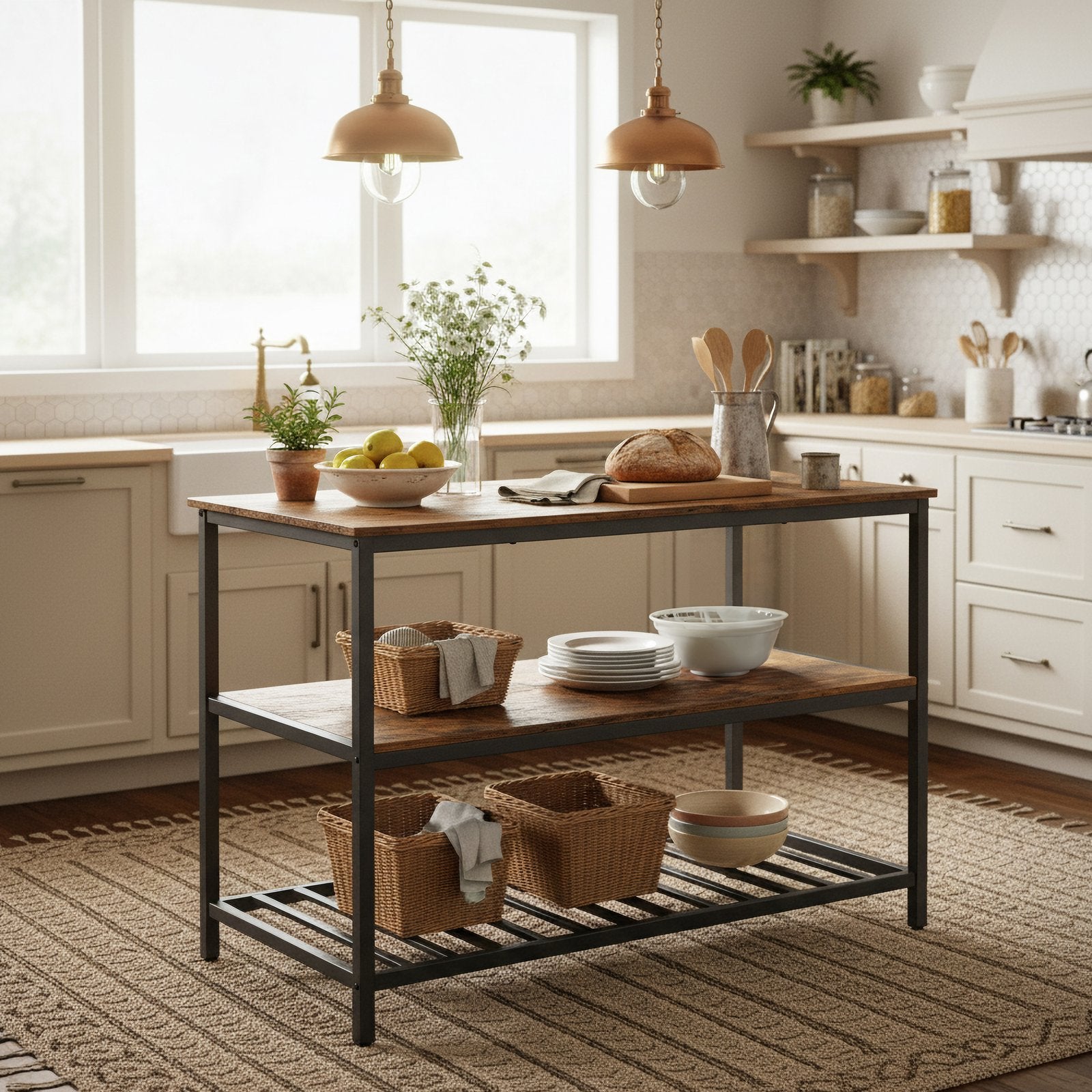 Kitchen Island - Steel - Rustic Brown and Black - Large Worktop and Stable Structure