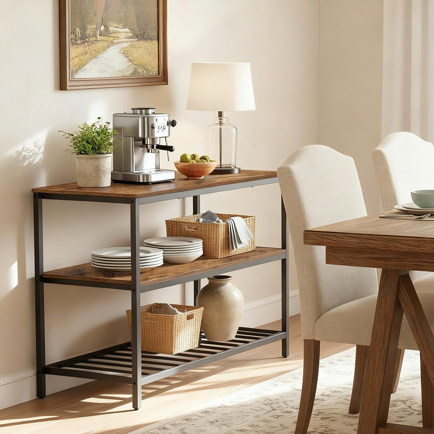 Kitchen Island - Steel - Rustic Brown and Black - Large Worktop and Stable Structure