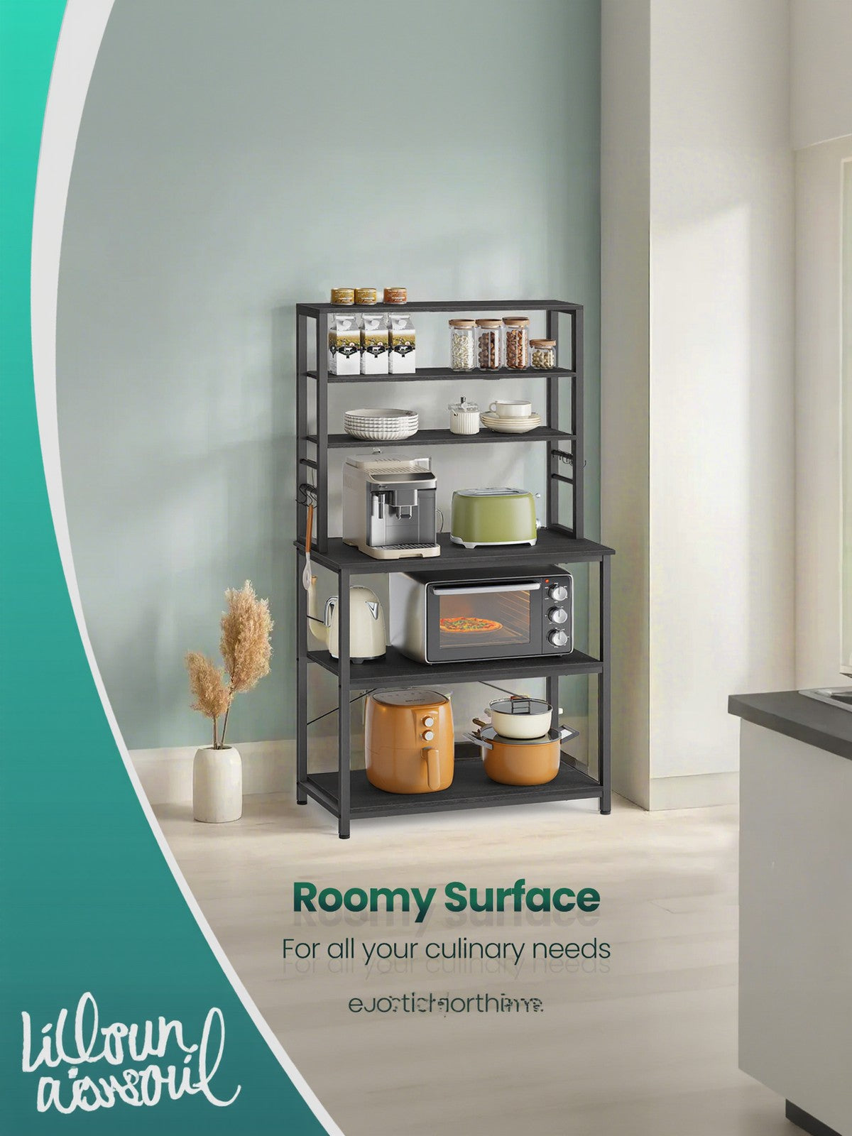 Baker's Rack - Wood - Rustic Brown and Black - 6-Tier Storage with Hooks and Microwave Stand