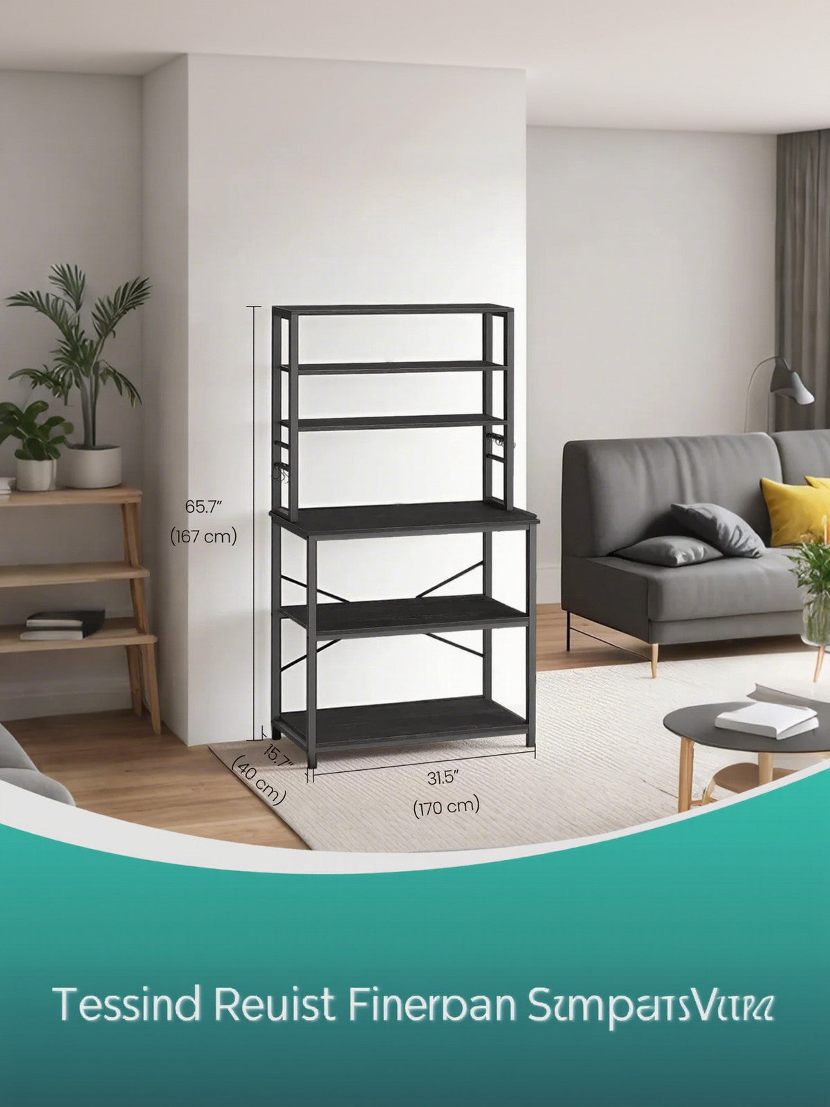 Baker's Rack - Wood - Rustic Brown and Black - 6-Tier Storage with Hooks and Microwave Stand
