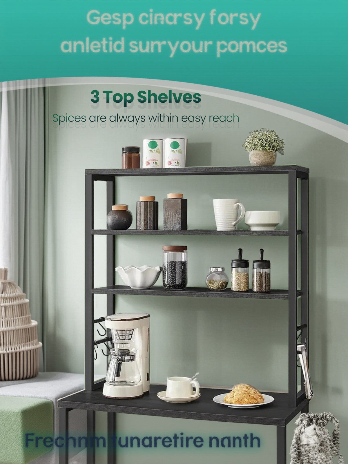 Baker's Rack - Wood - Rustic Brown and Black - 6-Tier Storage with Hooks and Microwave Stand