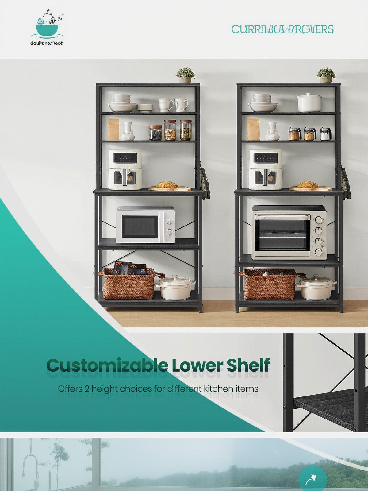 Baker's Rack - Wood - Rustic Brown and Black - 6-Tier Storage with Hooks and Microwave Stand