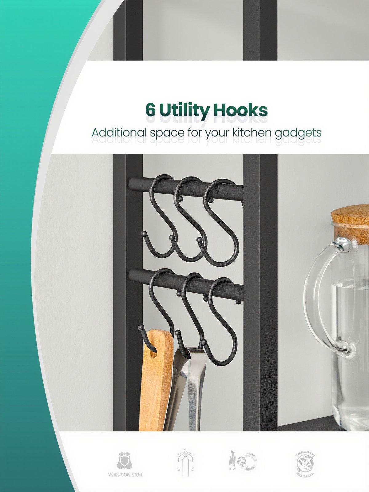 Baker's Rack - Wood - Rustic Brown and Black - 6-Tier Storage with Hooks and Microwave Stand