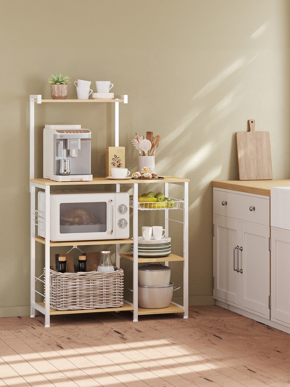 Baker's Rack - Metal - Greige and Black - Multi-functional Kitchen Storage with Wire Basket and S-Hooks