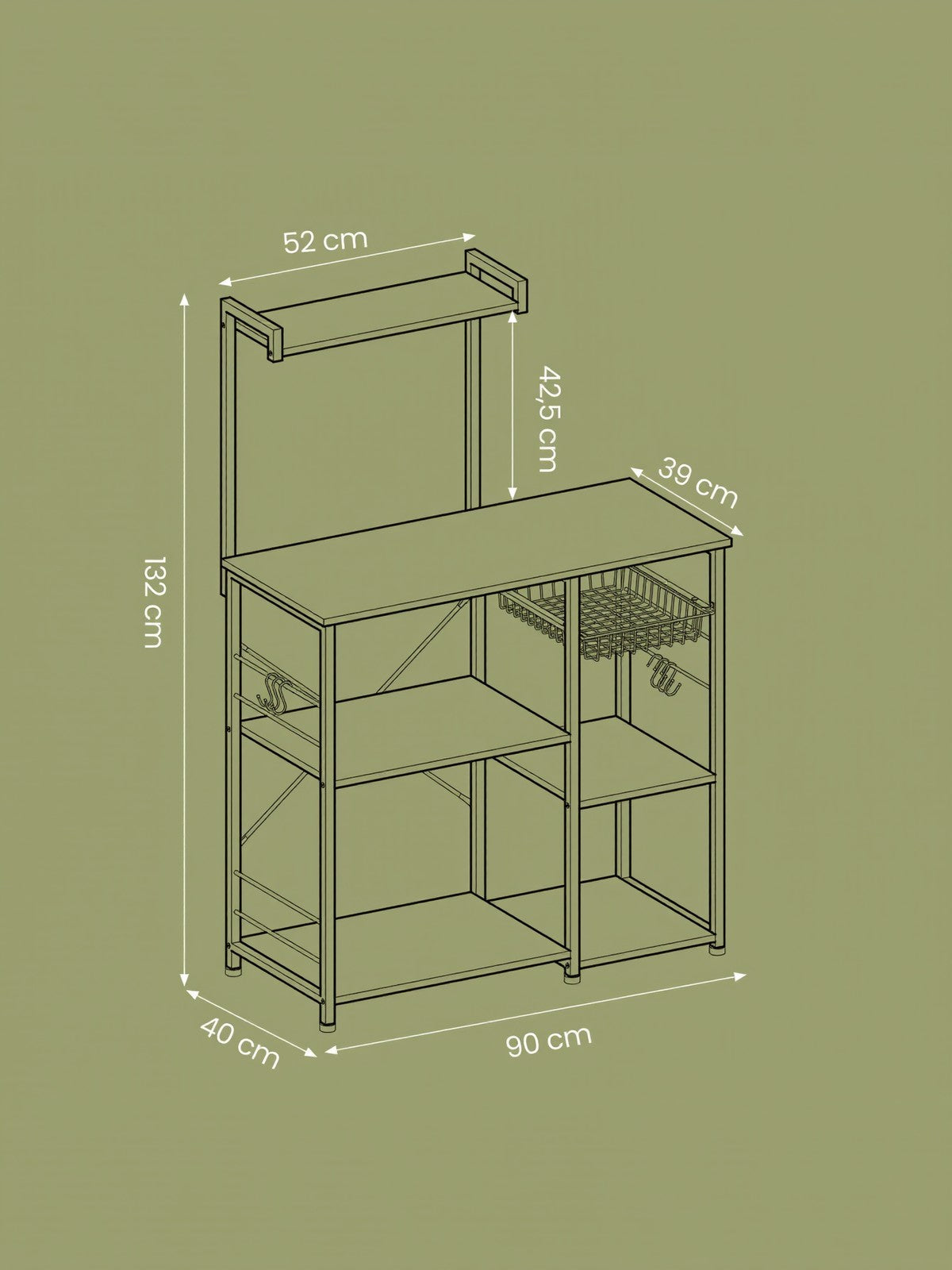 Baker's Rack - Metal - Greige and Black - Multi-functional Kitchen Storage with Wire Basket and S-Hooks
