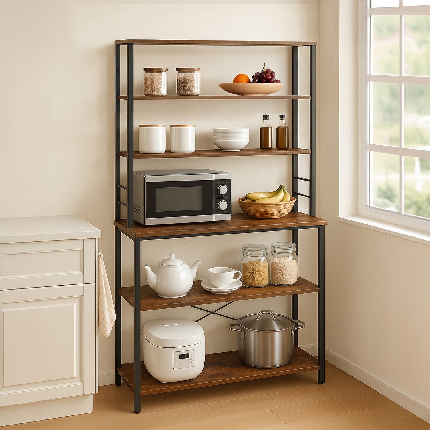 Baker’s Rack, Coffee Bar - Particleboard and Steel - Rustic Brown