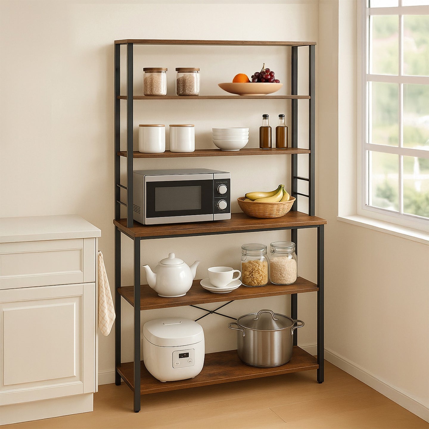 Baker’s Rack, Coffee Bar - Particleboard and Steel - Rustic Brown