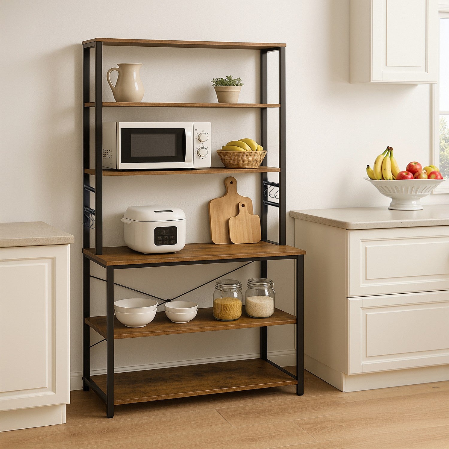 Baker’s Rack, Coffee Bar - Particleboard and Steel - Rustic Brown