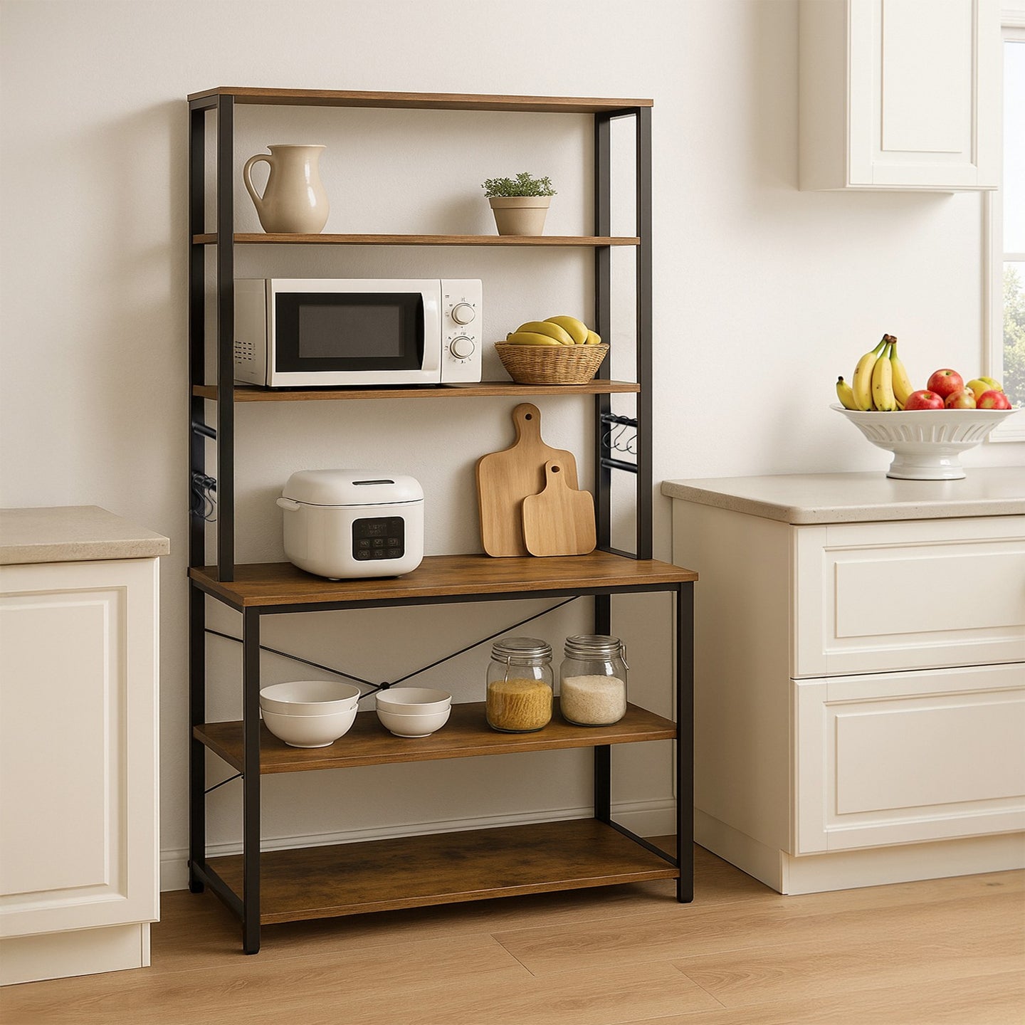 Baker’s Rack, Coffee Bar - Particleboard and Steel - Rustic Brown
