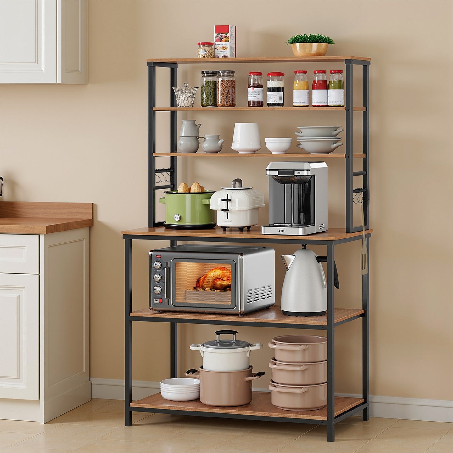 Baker’s Rack, Coffee Bar - Particleboard and Steel - Rustic Brown