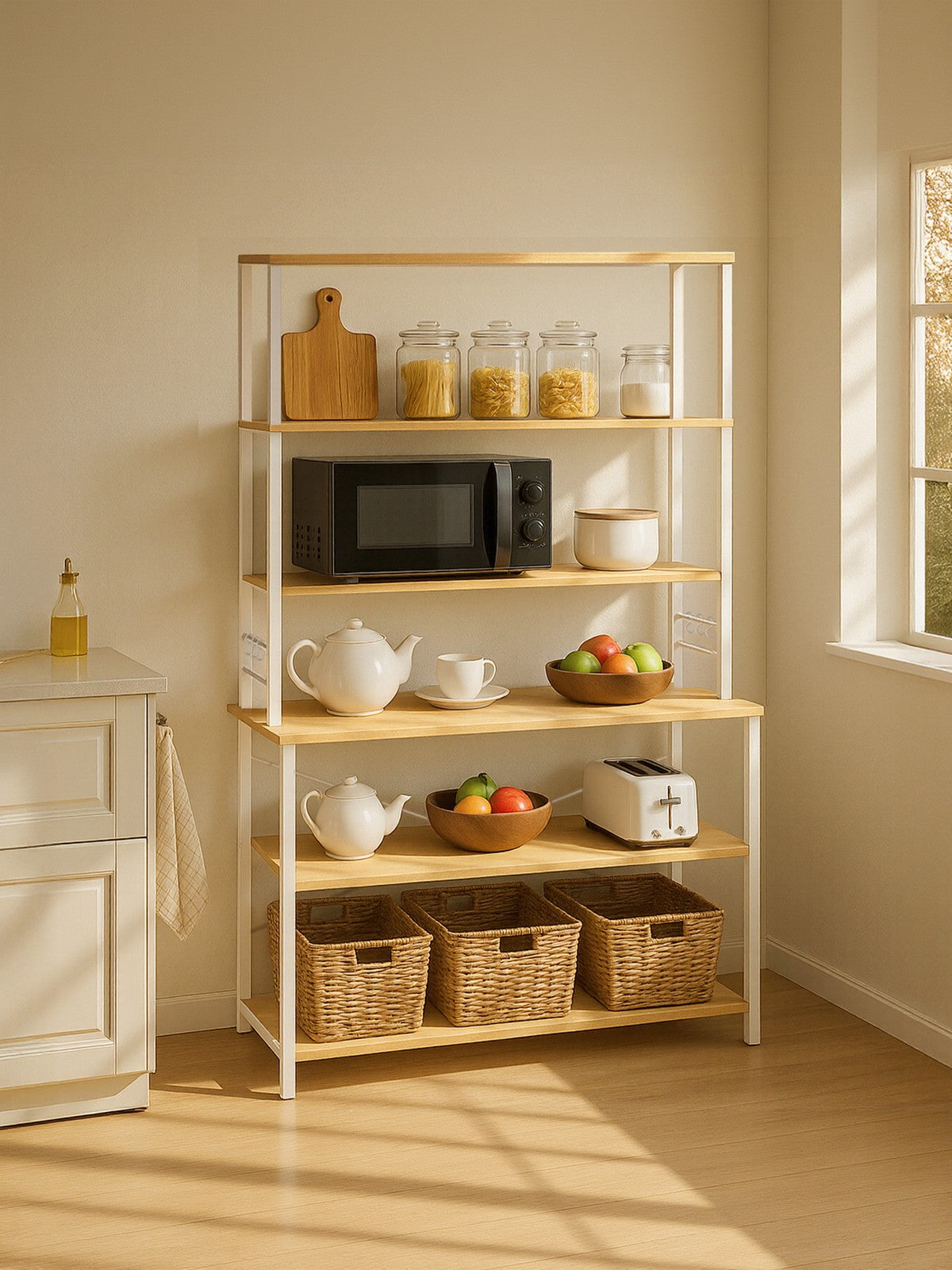 Baker’s Rack - Metal - Rustic Brown and Black - 6-Tier Kitchen Storage with Hooks