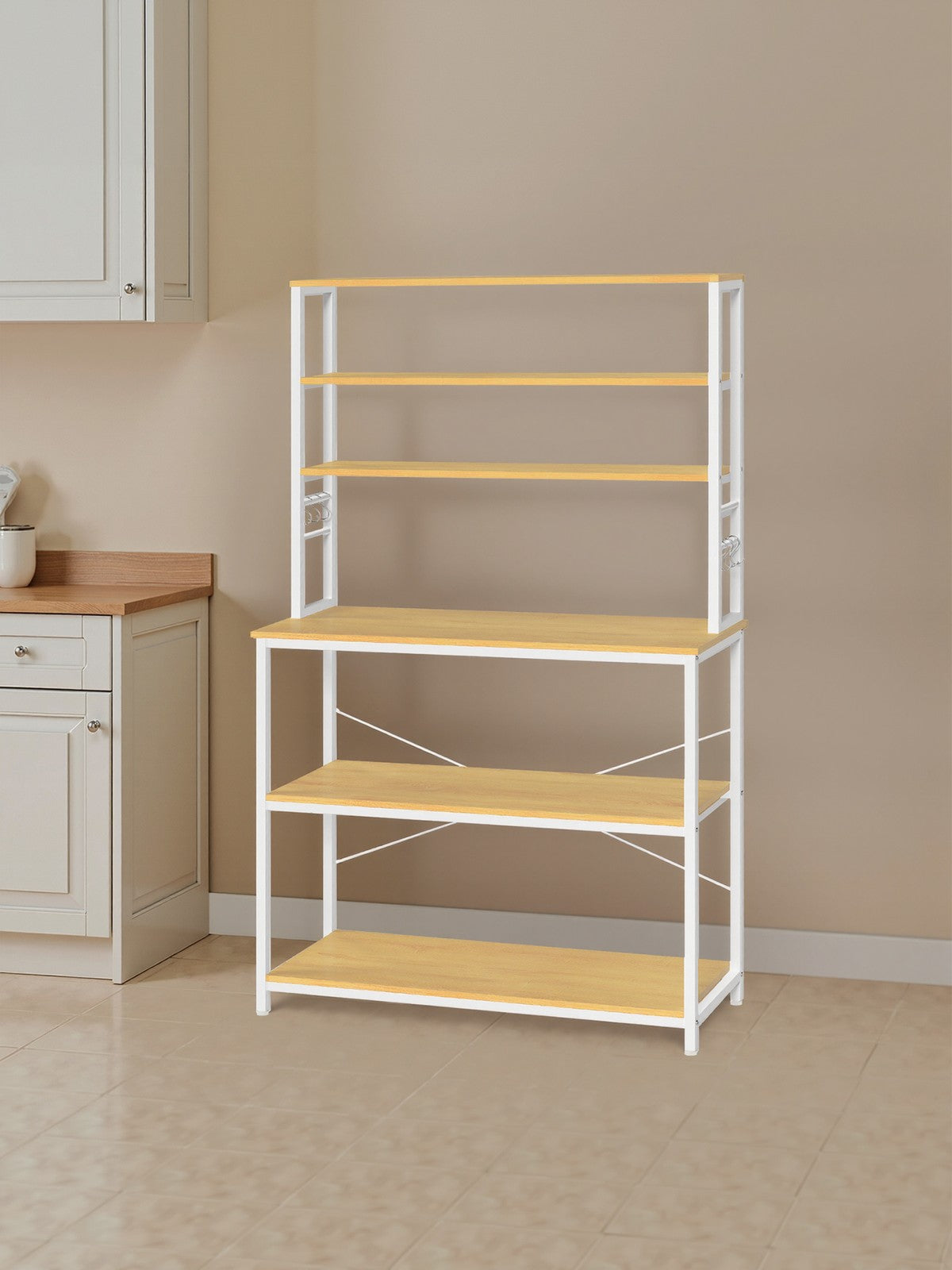 Baker’s Rack - Metal - Rustic Brown and Black - 6-Tier Kitchen Storage with Hooks