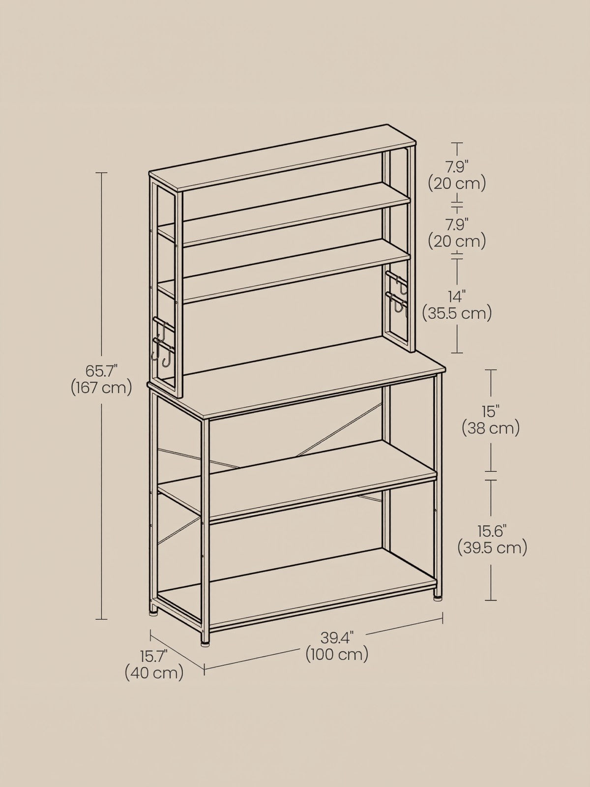 Baker’s Rack - Metal - Rustic Brown and Black - 6-Tier Kitchen Storage with Hooks