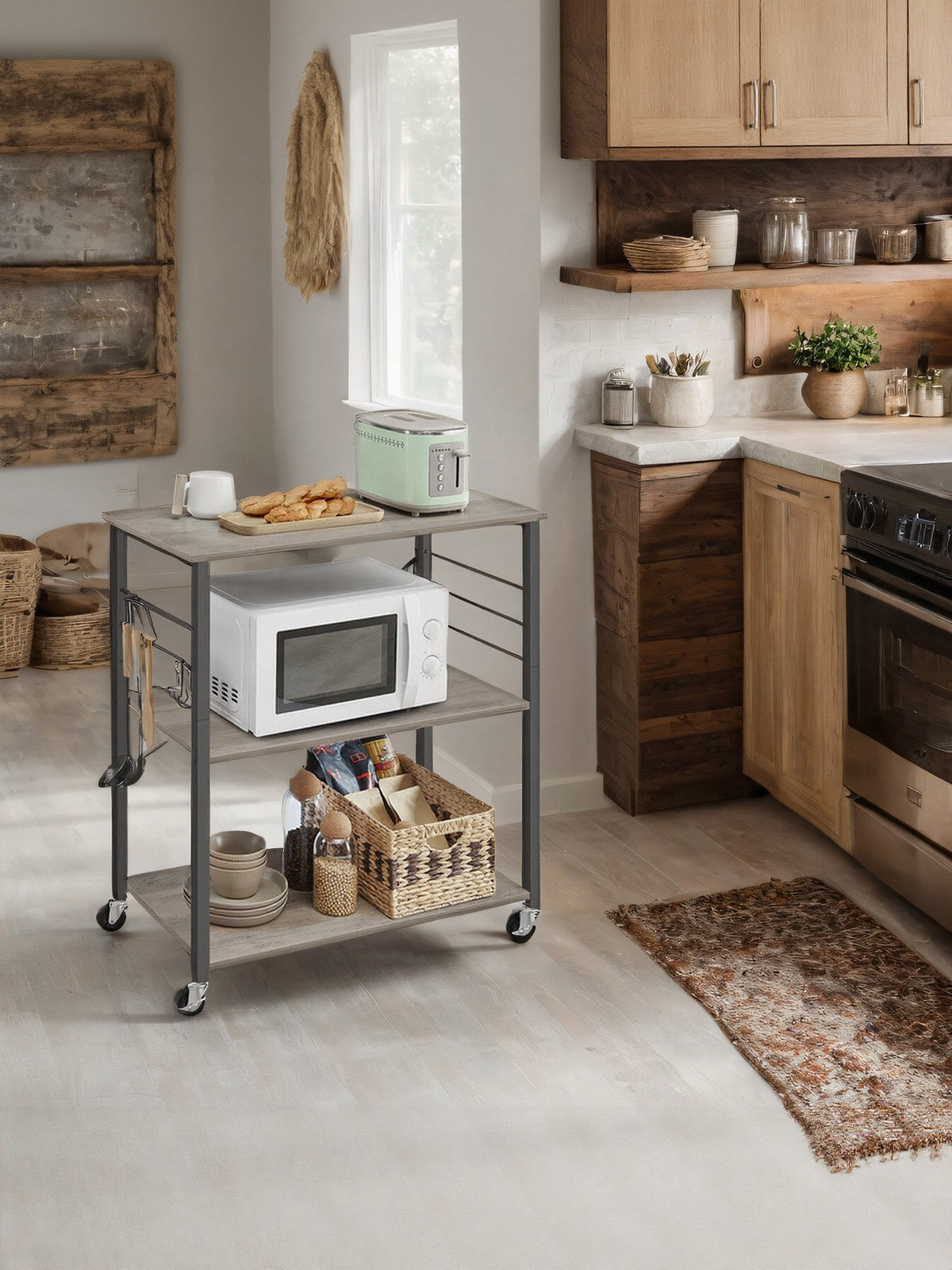 Kitchen Trolley - Metal - Heather Greige - 3-Tier Design with Wheels and Hooks