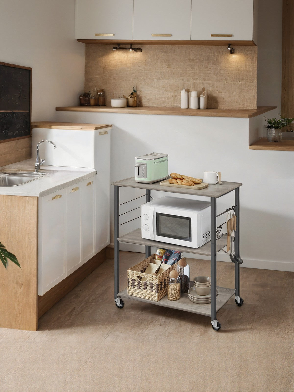Kitchen Trolley - Metal - Heather Greige - 3-Tier Design with Wheels and Hooks