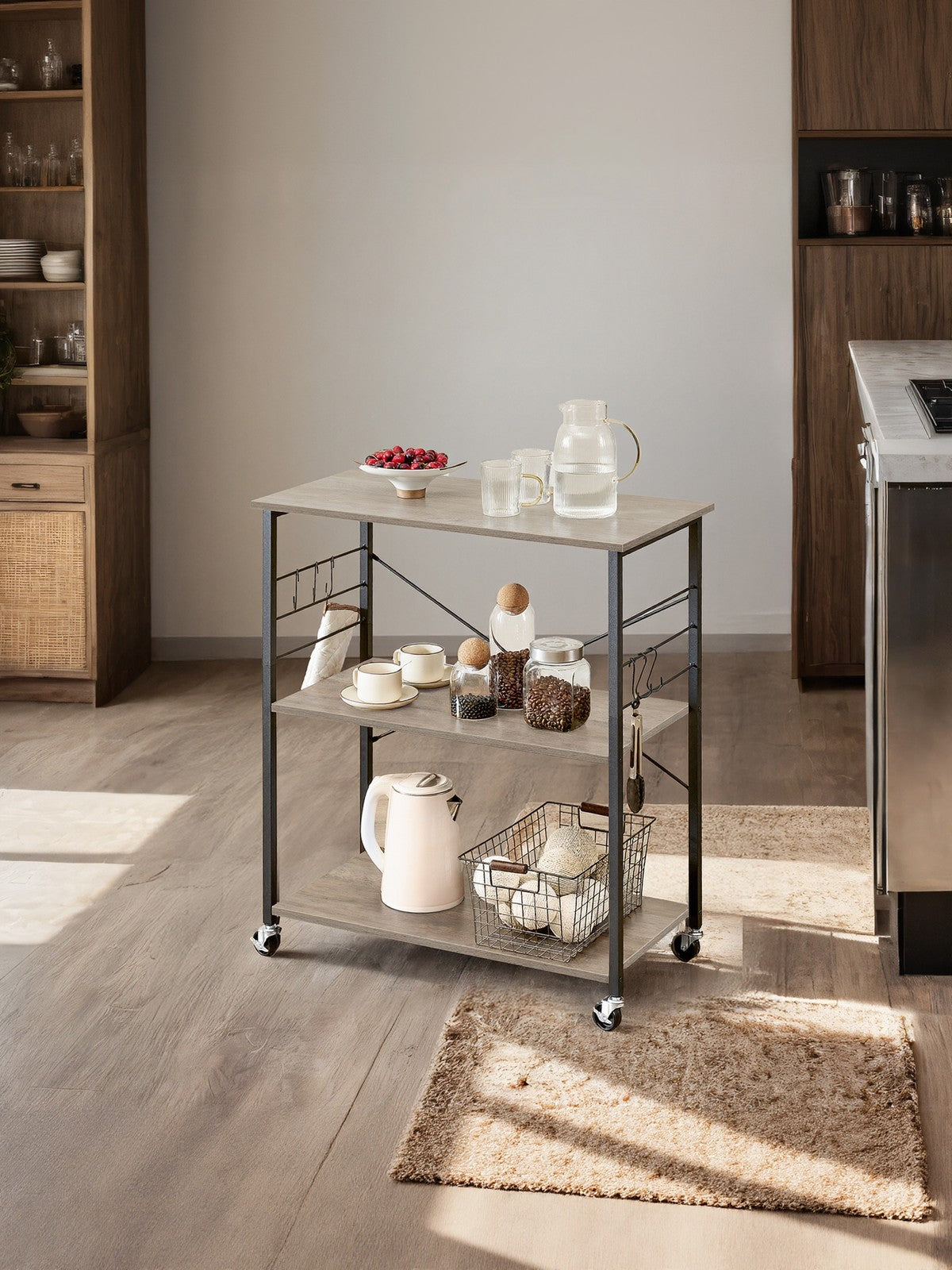 Kitchen Trolley - Metal - Heather Greige - 3-Tier Design with Wheels and Hooks