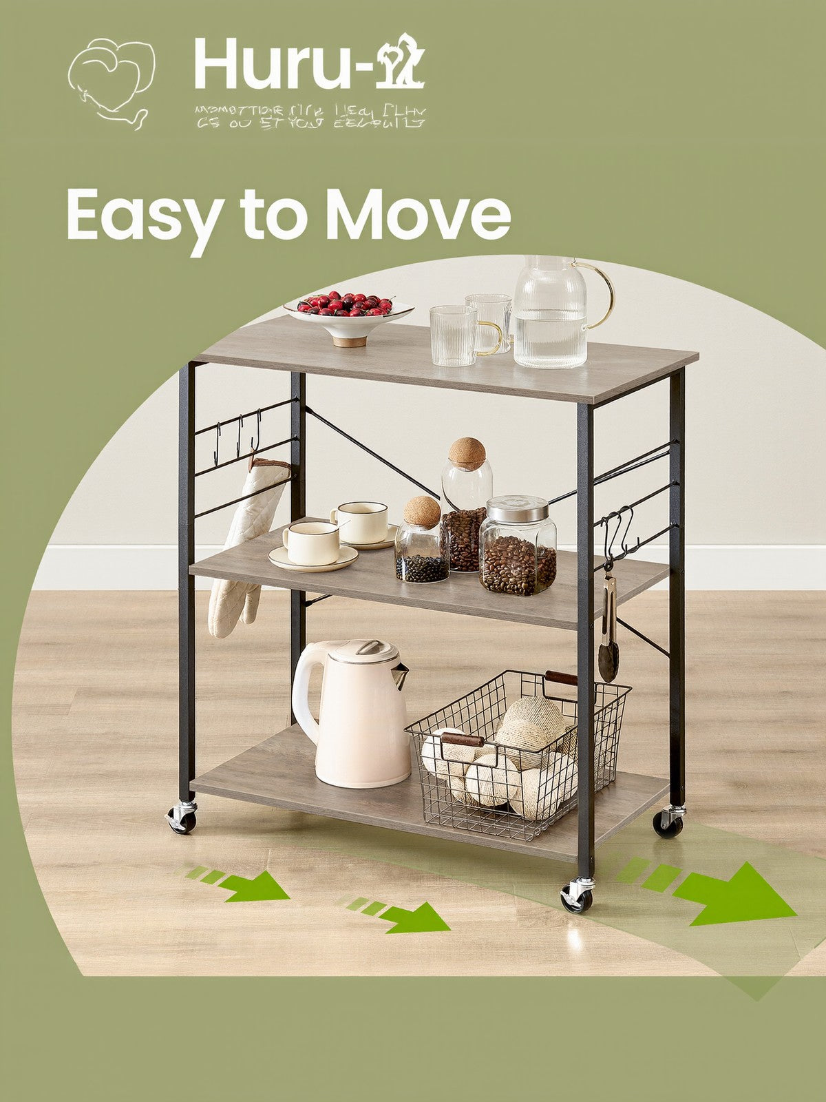 Kitchen Trolley - Metal - Heather Greige - 3-Tier Design with Wheels and Hooks