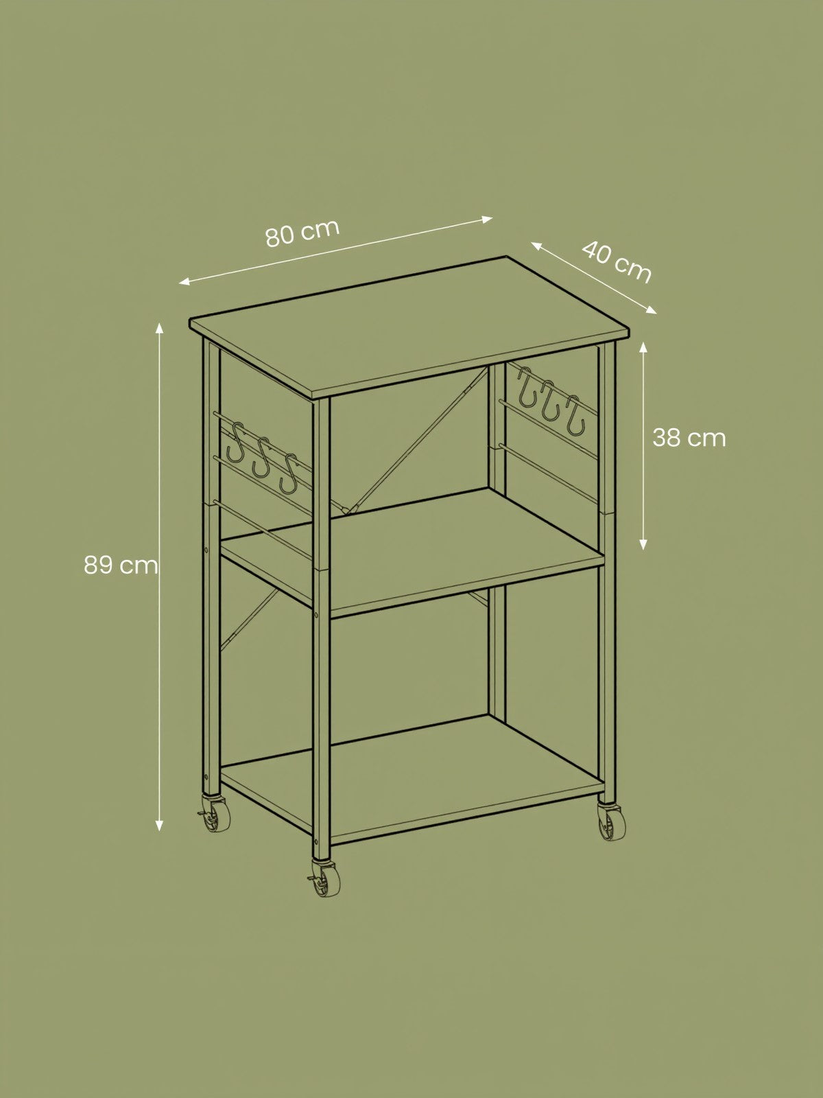 Kitchen Trolley - Metal - Heather Greige - 3-Tier Design with Wheels and Hooks