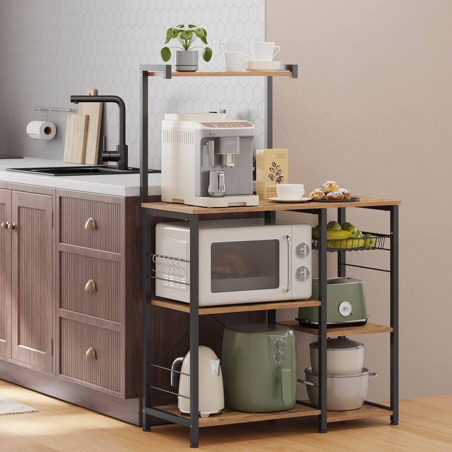 Baker's Rack - Wood - Rustic Brown - Versatile Kitchen Storage Shelf with Wire Basket and S-Hooks