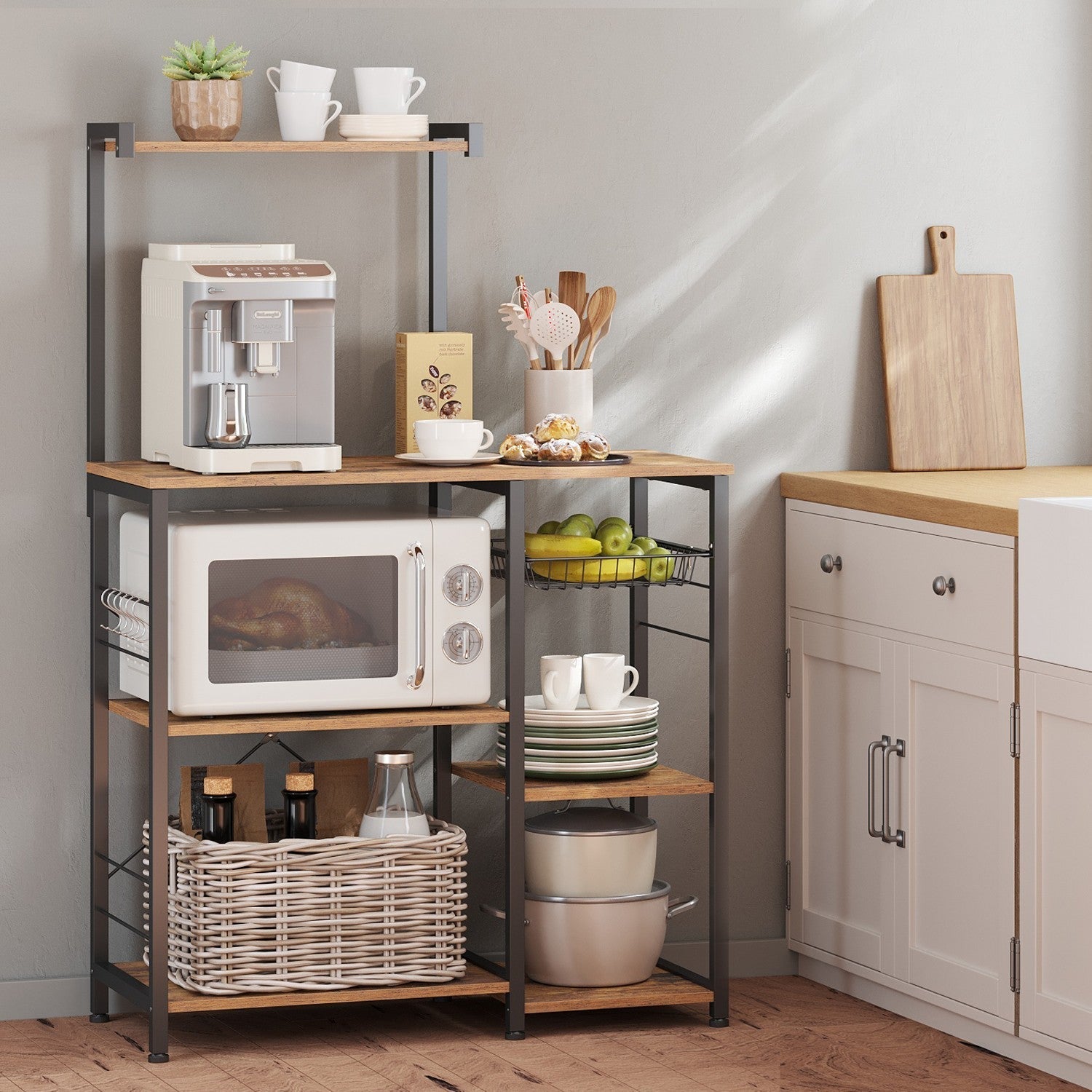 Baker's Rack - Wood - Rustic Brown - Versatile Kitchen Storage Shelf with Wire Basket and S-Hooks