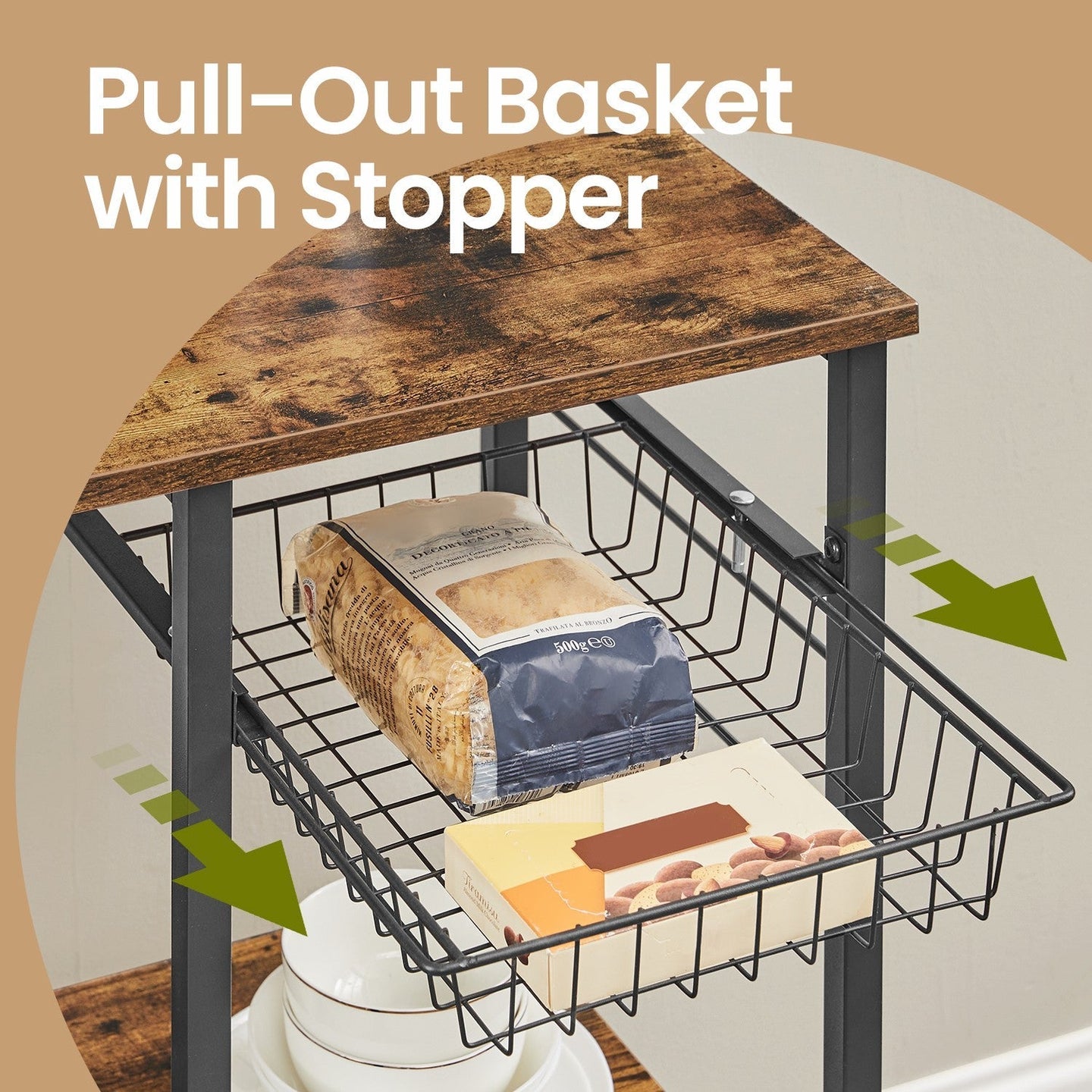 Baker's Rack - Wood - Rustic Brown - Versatile Kitchen Storage Shelf with Wire Basket and S-Hooks