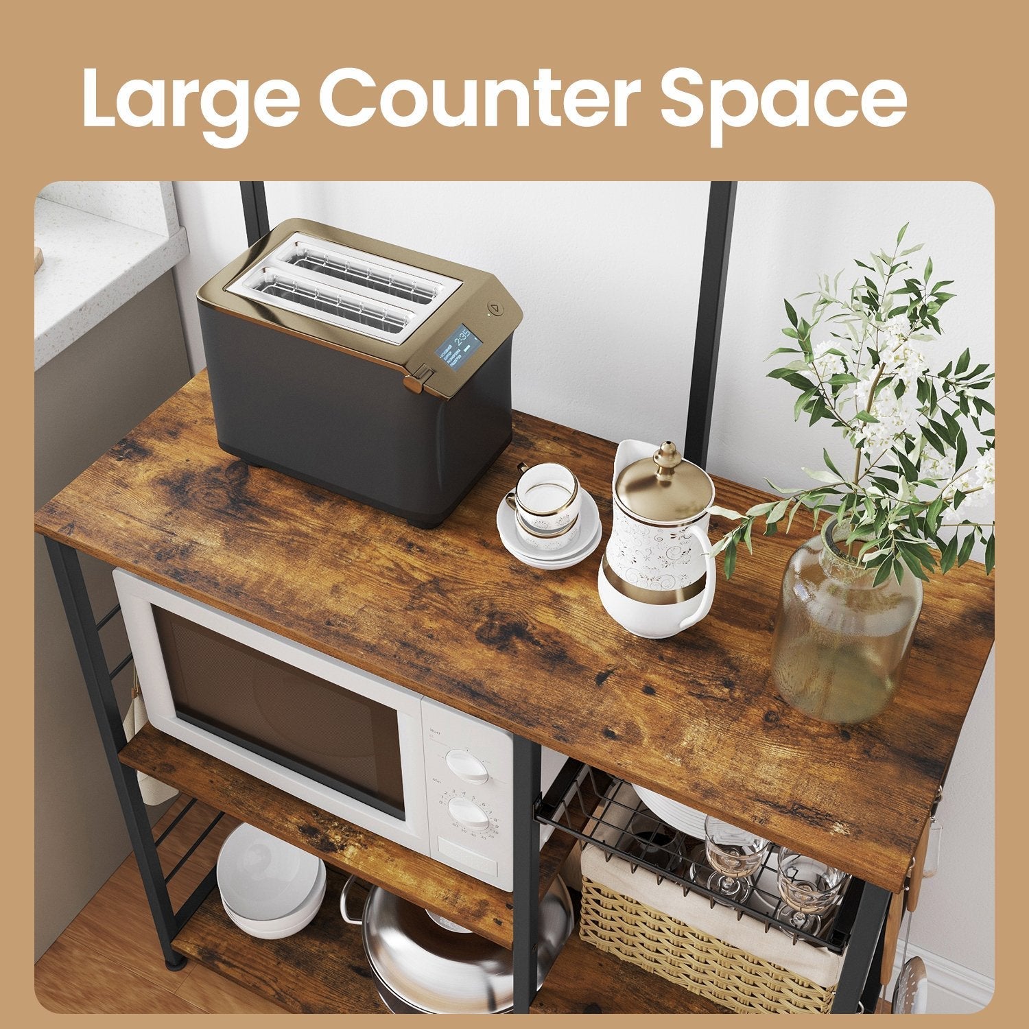 Baker's Rack - Wood - Rustic Brown - Versatile Kitchen Storage Shelf with Wire Basket and S-Hooks