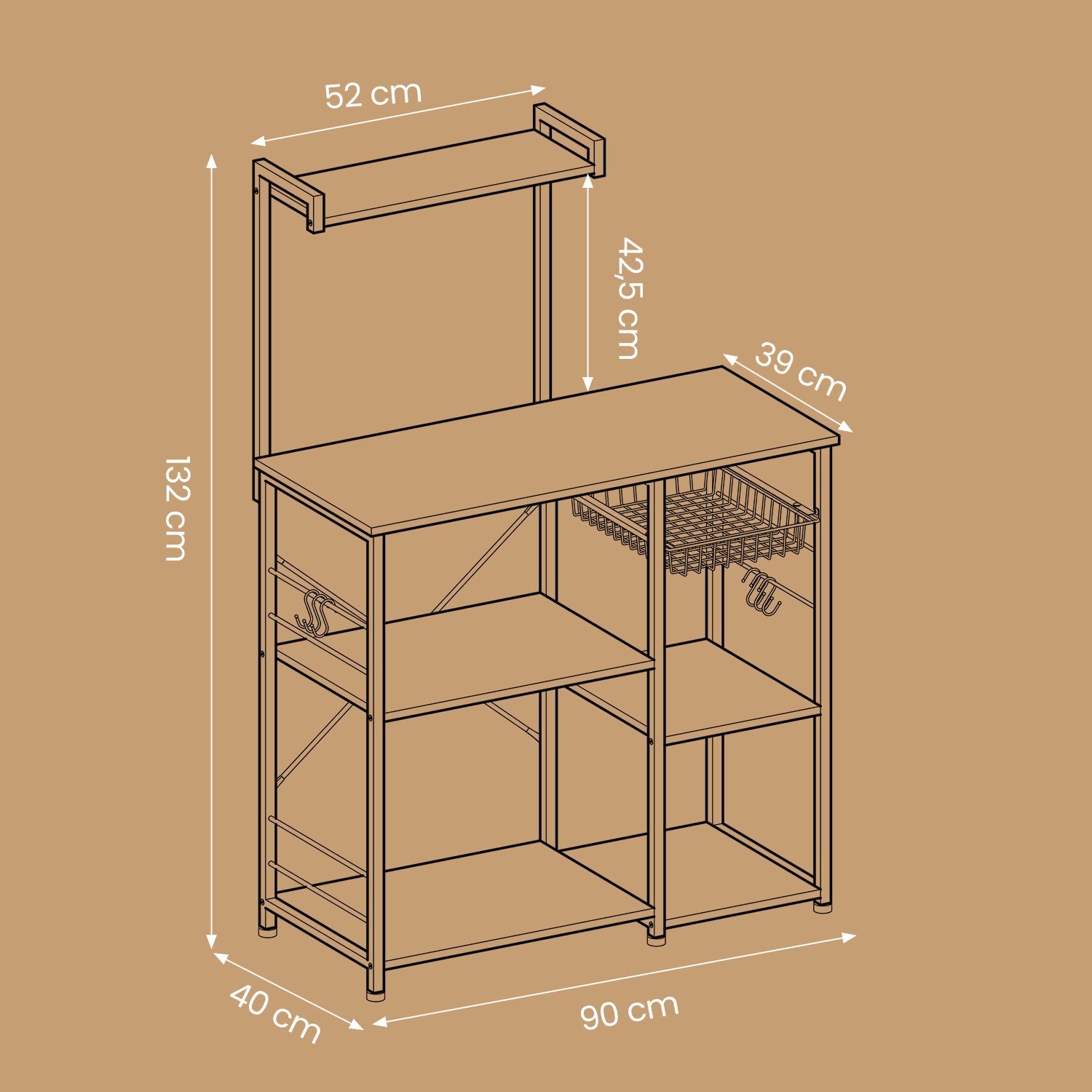 Baker's Rack - Wood - Rustic Brown - Versatile Kitchen Storage Shelf with Wire Basket and S-Hooks
