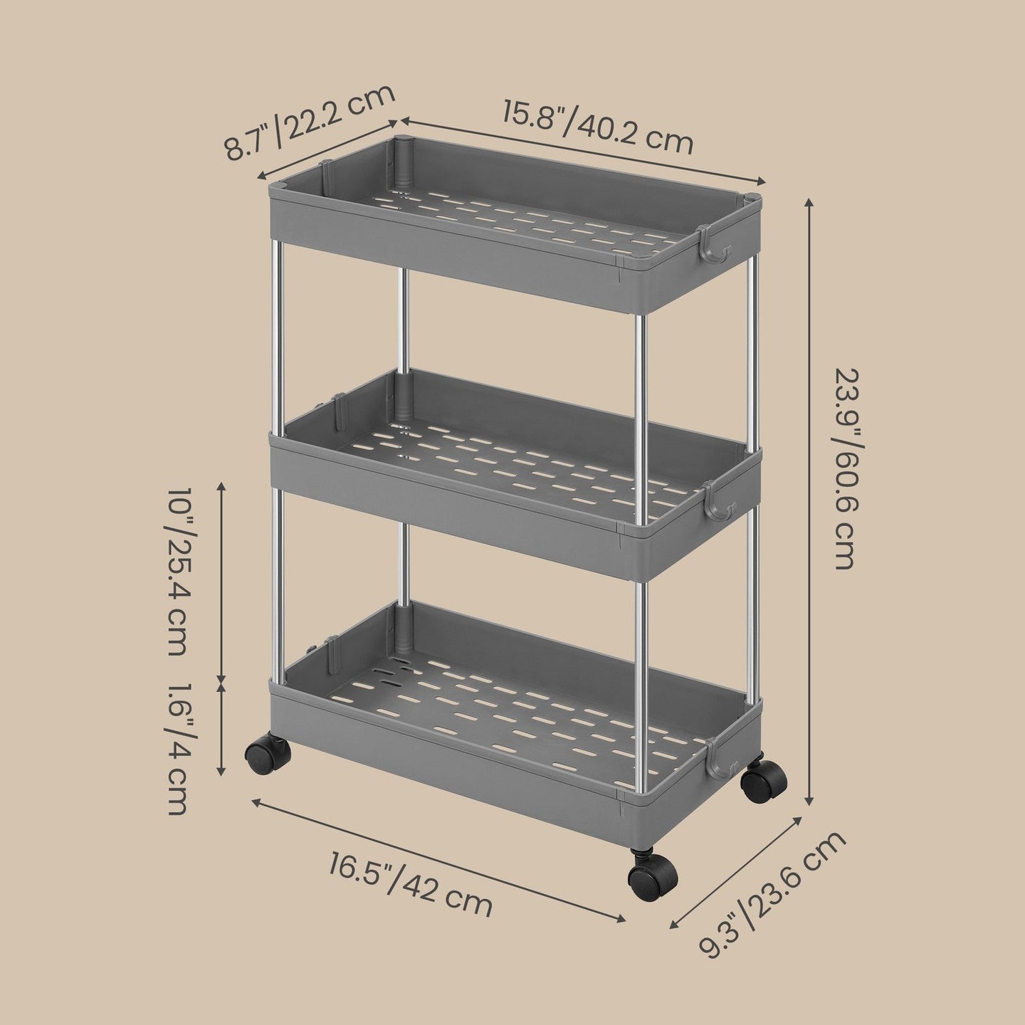 Utility Rolling Cart - 3-Tier - PP Plastic - Mobile & Space-Saving