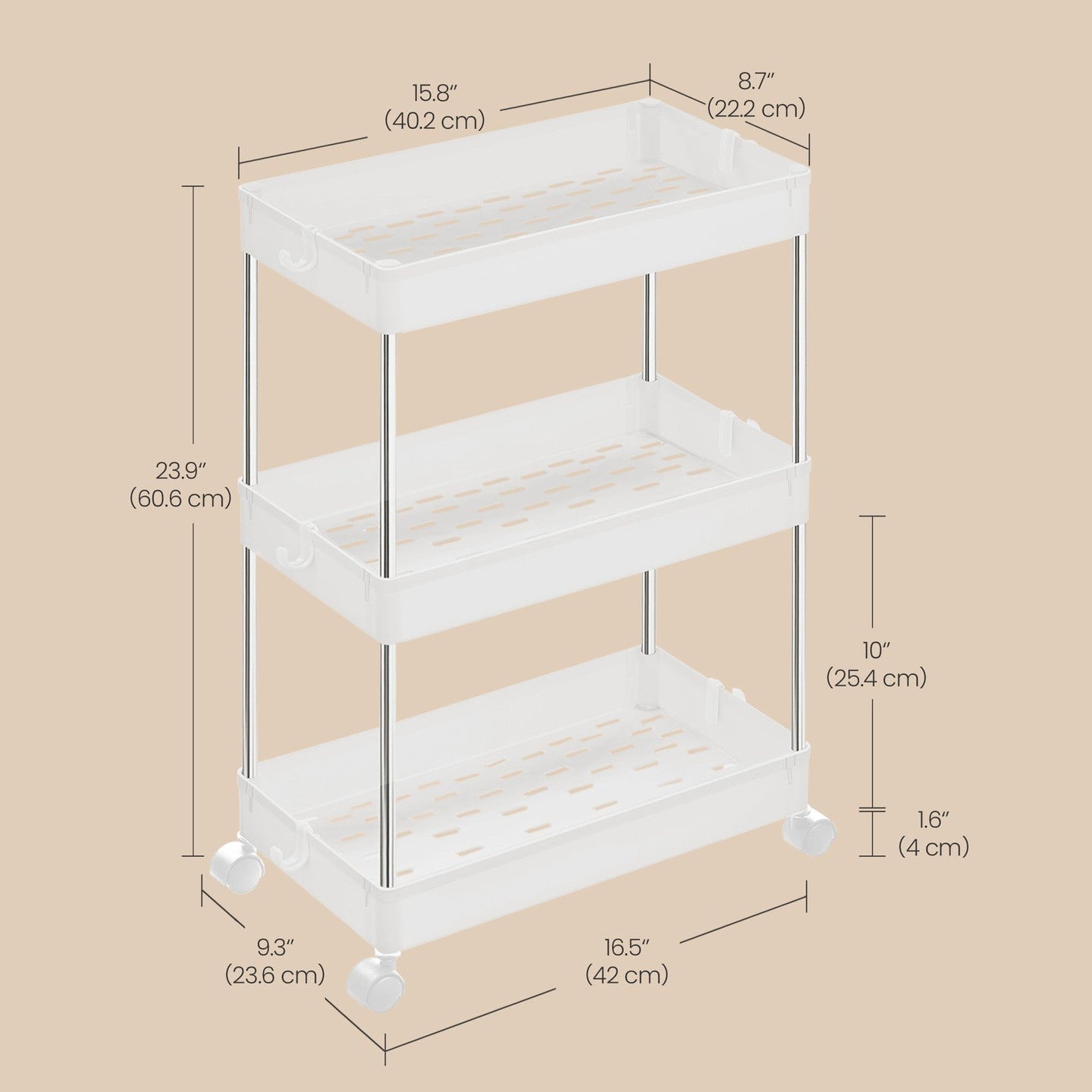 Utility Rolling Cart - 60L - PP Plastic - 3-Tier Storage