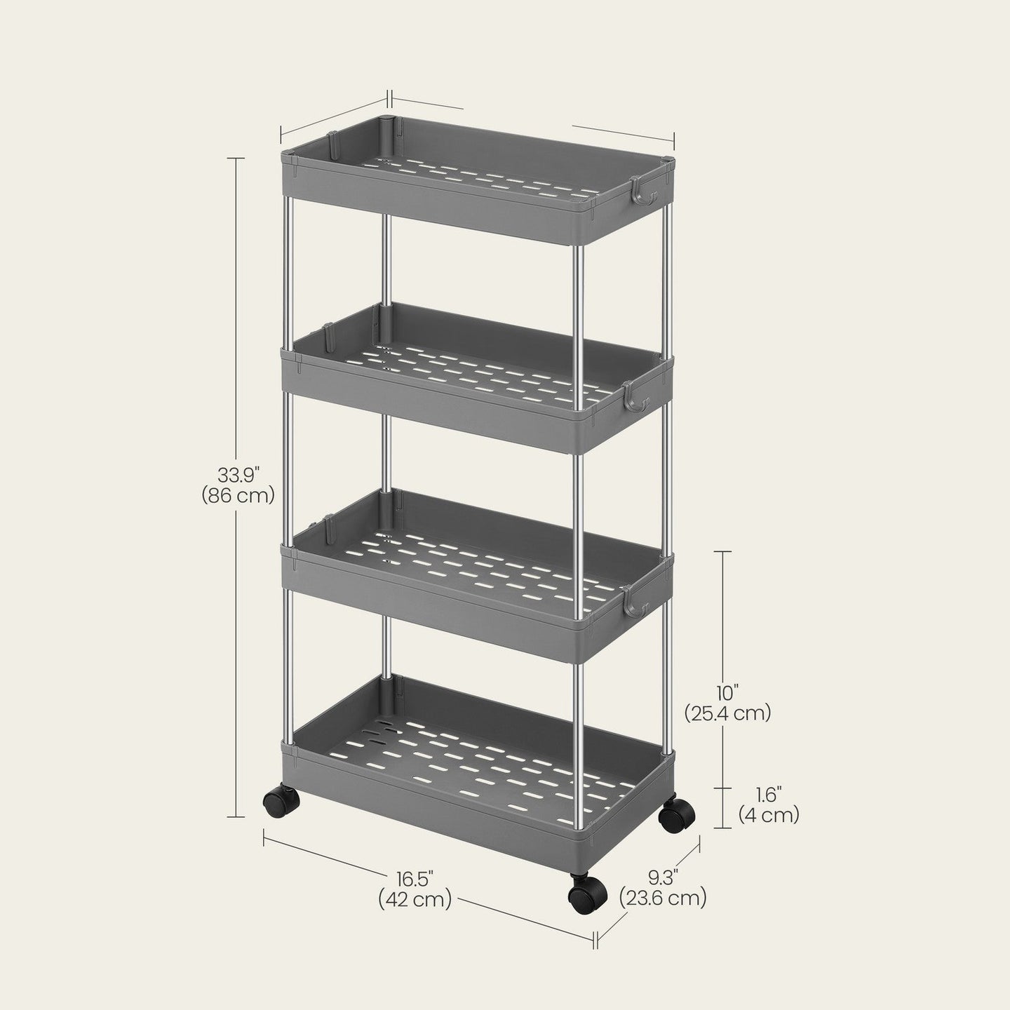 Utility Rolling Cart - 40L - PP Plastic - 4-Tier Storage
