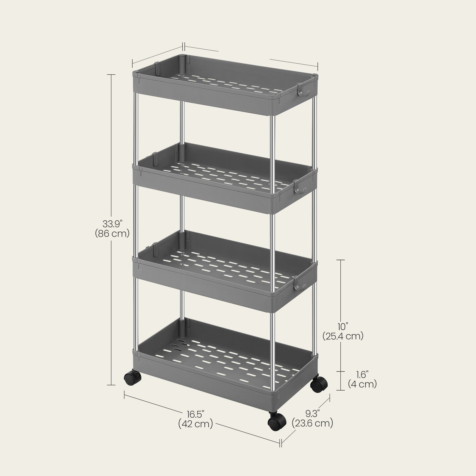Utility Rolling Cart - 40L - PP Plastic - 4-Tier Storage
