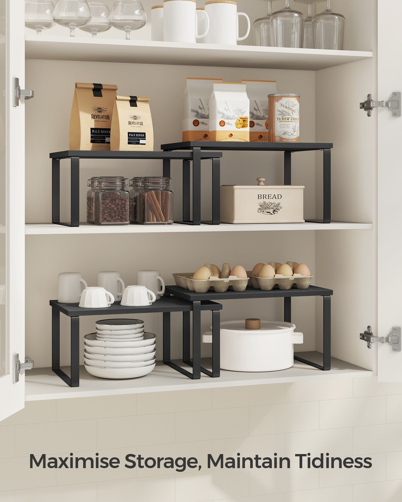 Set of 2 Cupboard Shelf Organisers - Metal - Ink Black - Expandable and Stackable