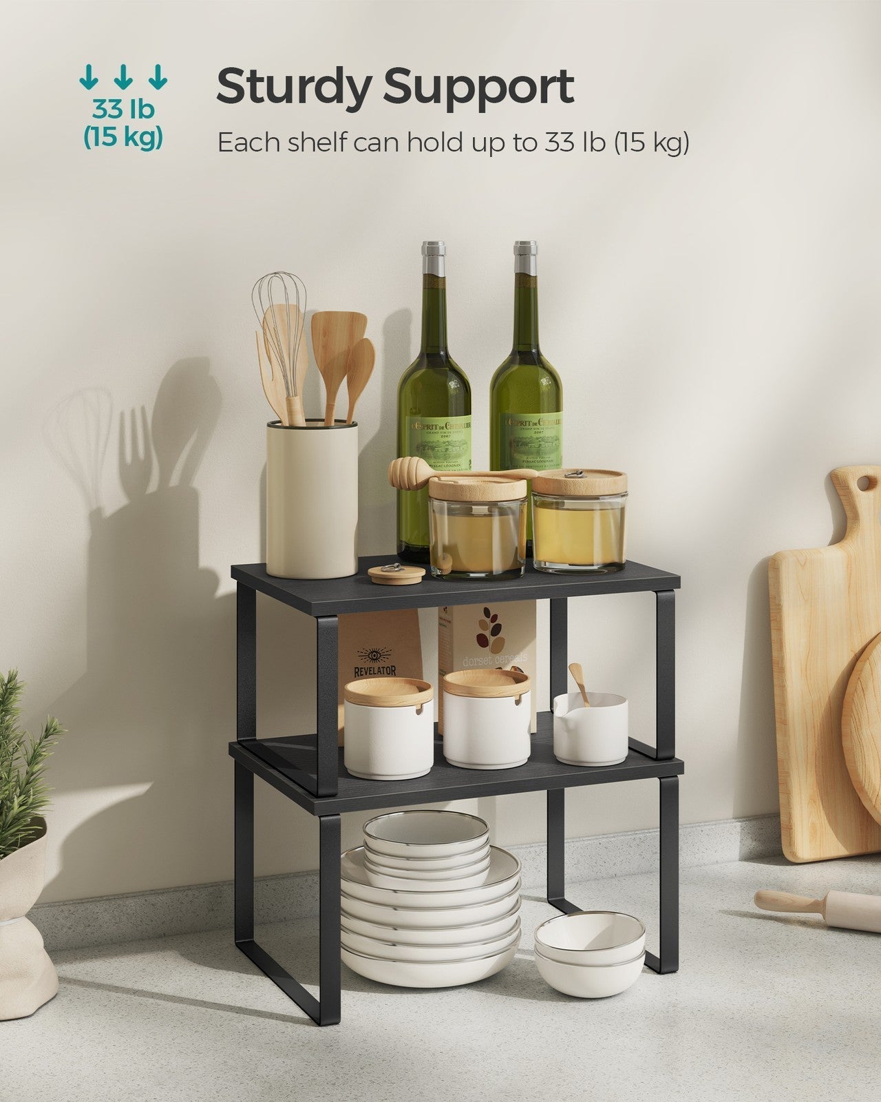Set of 2 Cupboard Shelf Organisers - Metal - Ink Black - Expandable and Stackable