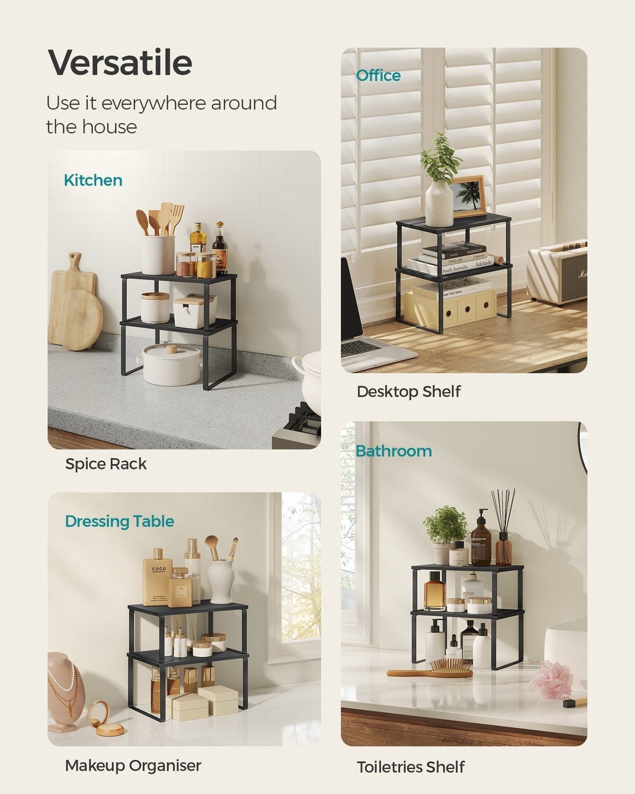 Set of 2 Cupboard Shelf Organisers - Metal - Ink Black - Expandable and Stackable