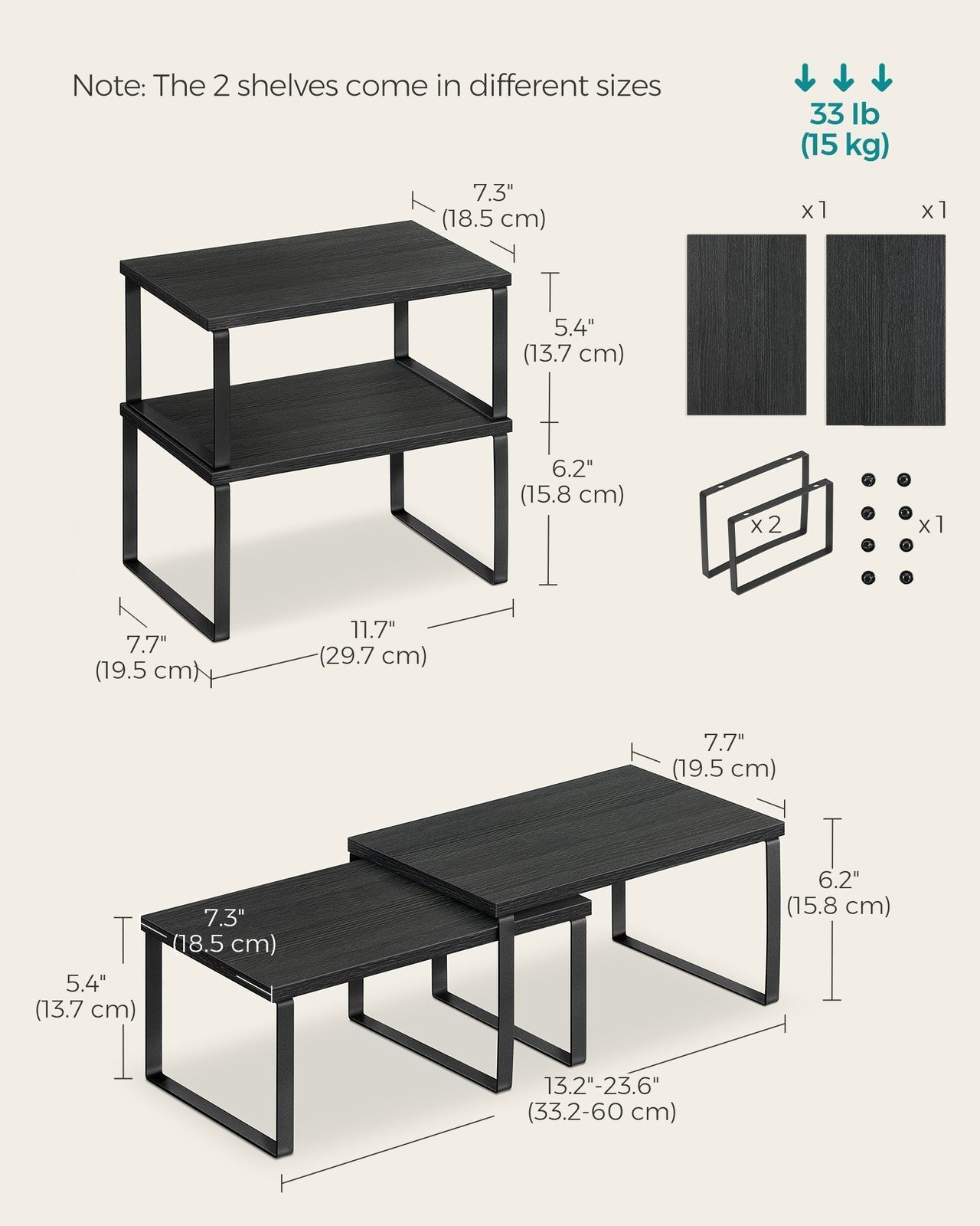 Set of 2 Cupboard Shelf Organisers - Metal - Ink Black - Expandable and Stackable