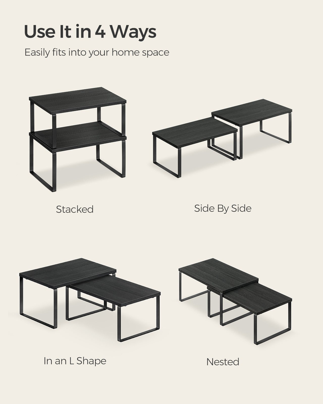 Set of 2 Cupboard Shelf Organisers - Metal - Ink Black - Expandable and Stackable