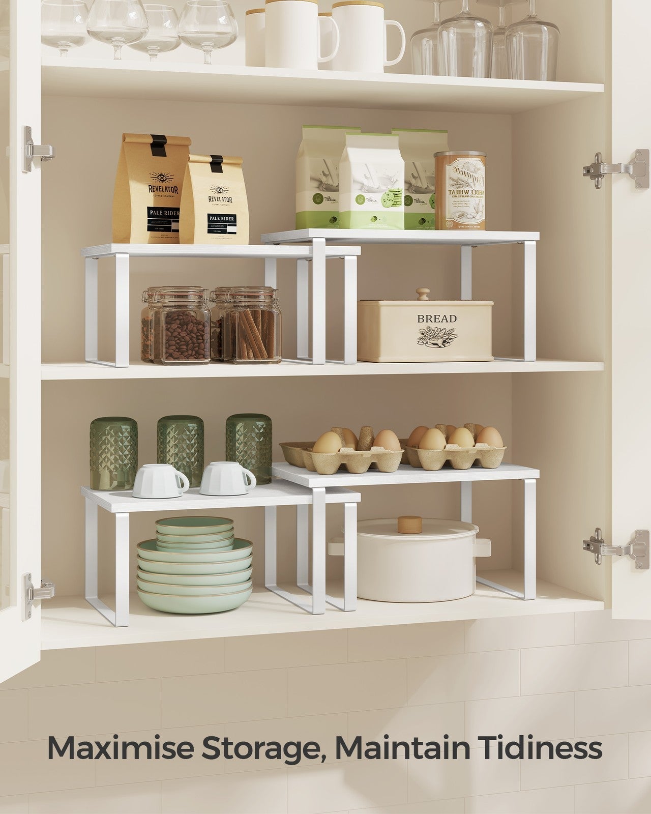 Set of 2 Cupboard Shelf Organisers - Metal - Cloud White - Expandable and Stackable