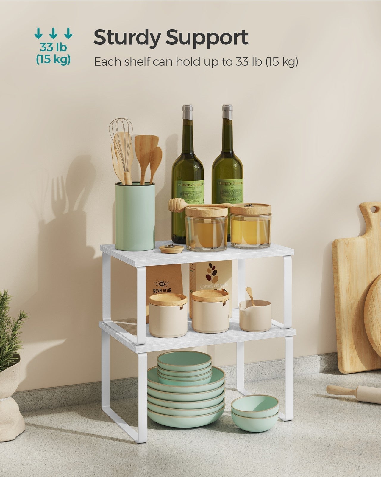 Set of 2 Cupboard Shelf Organisers - Metal - Cloud White - Expandable and Stackable