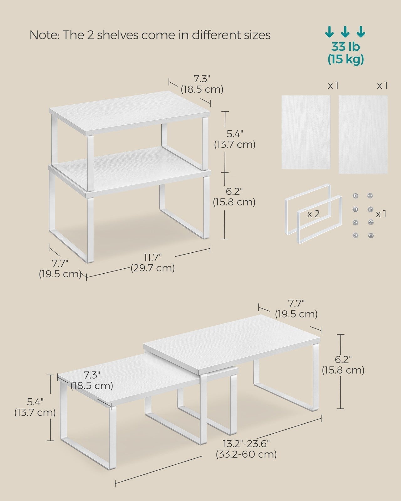 Set of 2 Cupboard Shelf Organisers - Metal - Cloud White - Expandable and Stackable