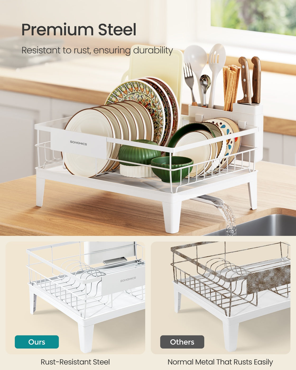 Dish Drying Rack for Kitchen Counter - Steel and Plastic - Cloud White